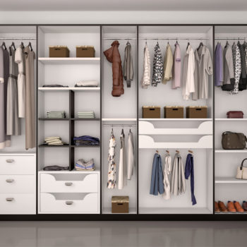 black and white wardrobe closet full of different things. 3d illustration.